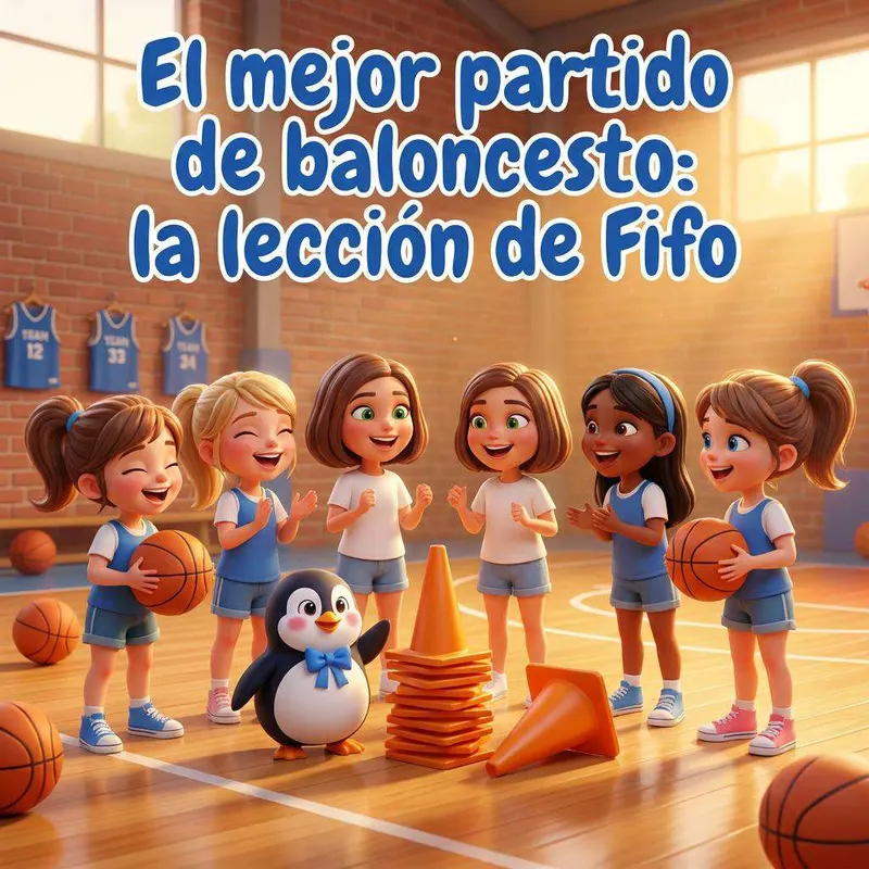 Las jugadoras del equipo Azulón posan en la cancha con su entrenadora y Fifo, el pingüino mascota con lazo azul