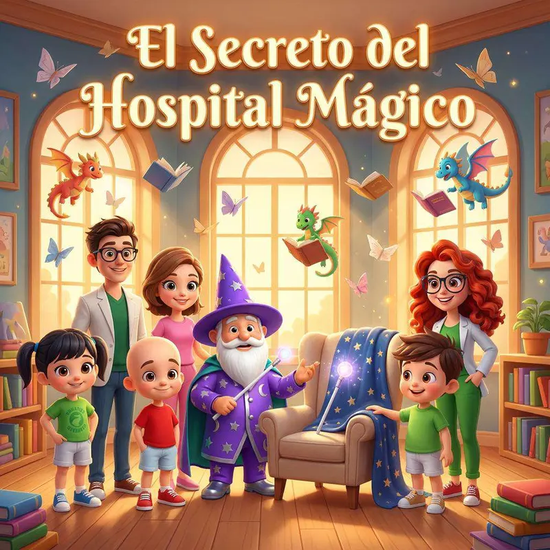 Cuatro niños, dos médicos y una enfermera junto a un mago de capa morada en una biblioteca con libros voladores y dragones pequeños