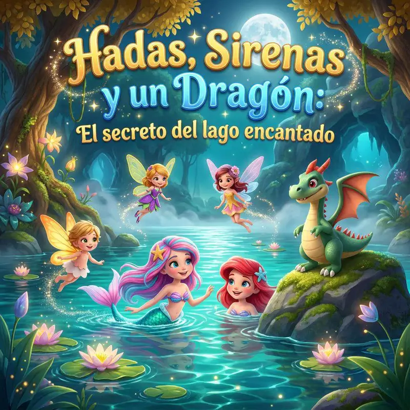 Dos sirenas en un lago iluminado por la luna, rodeadas de hadas voladoras y un dragón verde sentado sobre una roca
