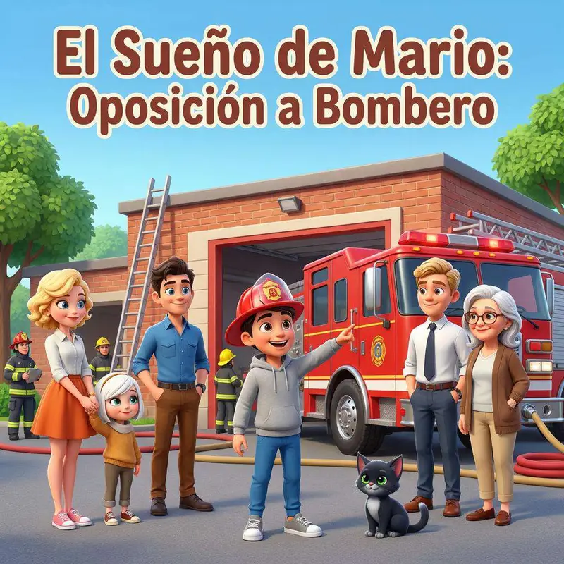 Mario, con casco de bombero, delante del camión rojo del parque, acompañado de su familia y su gato negro