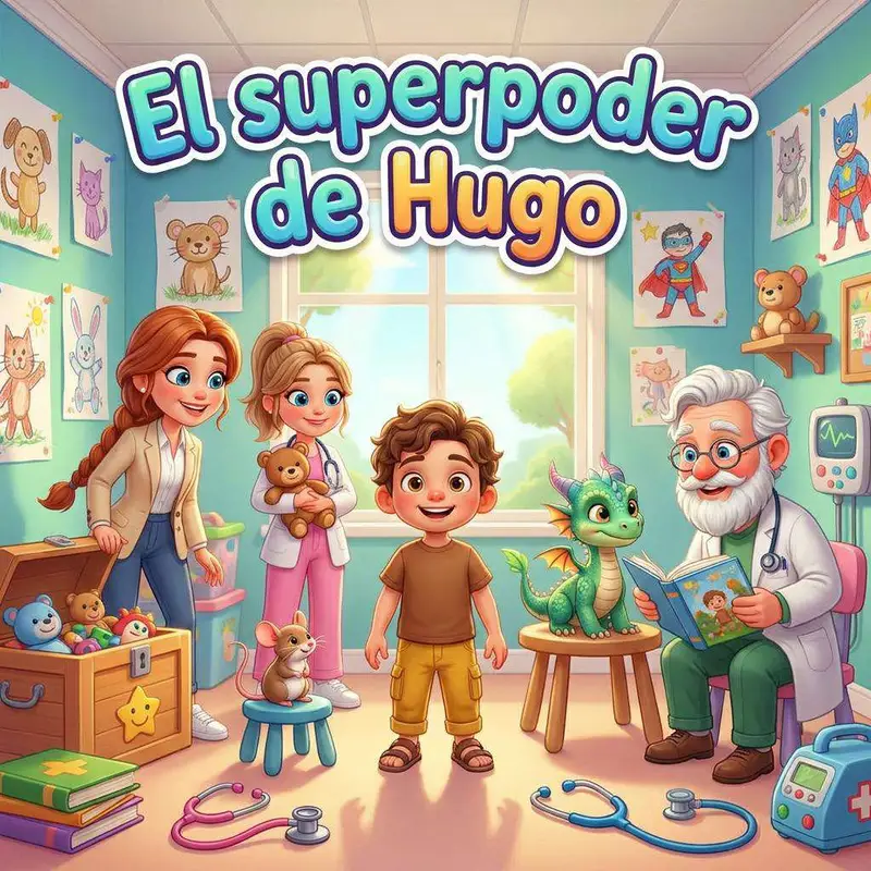 Hugo posa con su hámster Bimba y el dragón azul Rayo delante de la consulta del pediatra