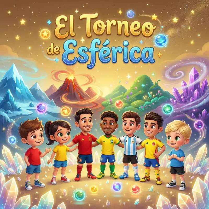 Cuatro niños con camisetas de fútbol de distintos países junto a sus ídolos, frente a montañas de cristal en el planeta Esférica