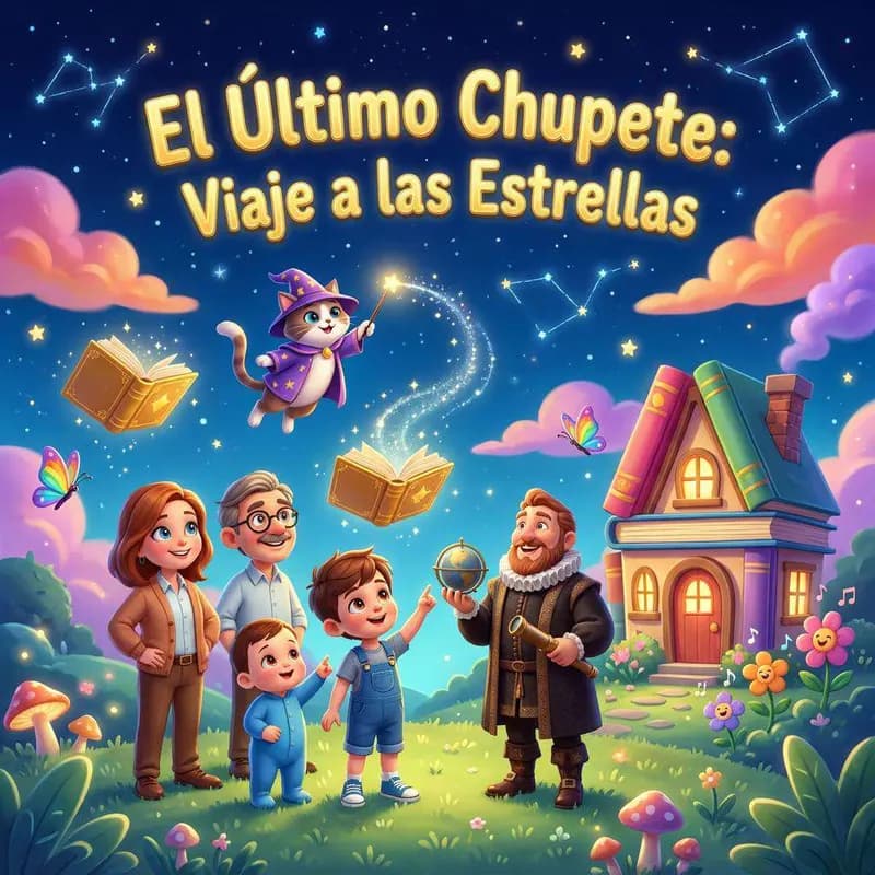Tom, Nico y su familia junto al Coleccionista de las Primeras Veces bajo un cielo lleno de constelaciones