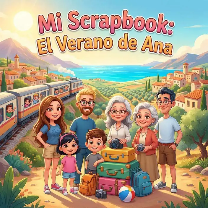Ana y su familia con las maletas junto a un tren, con un pueblo costero y el mar al fondo