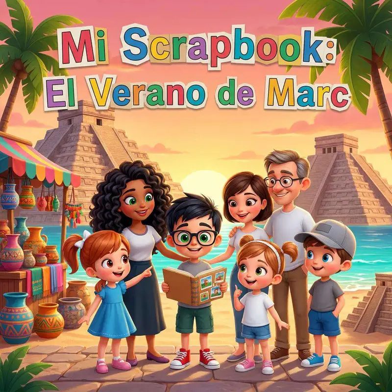 Marc sostiene su álbum de recuerdos junto a su familia, con pirámides mexicanas, el mar y un puesto de cerámica al fondo