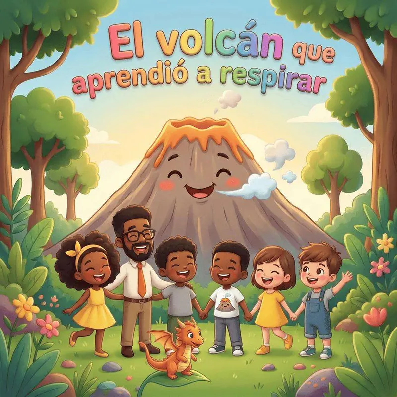 Un volcán sonriente exhala una nube blanca mientras un padre y cinco niños se cogen de la mano en el prado con un dragón naranja