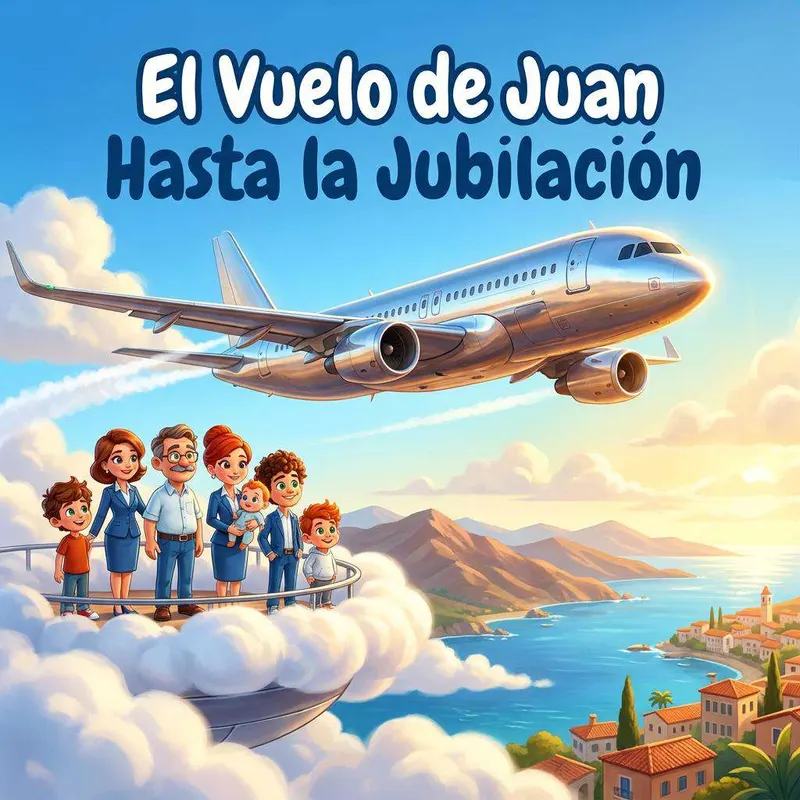 Un avión de pasajeros sobrevuela la costa mediterránea mientras una familia y una tripulación lo observan desde una plataforma de nubes