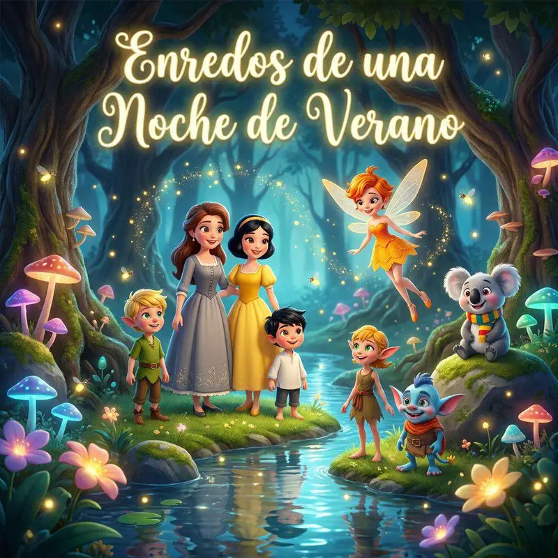 Los cuatro jóvenes junto a la reina Alba, el rey Roble, el duende Pipo y el koala Bimpo a la orilla de un arroyo del bosque encantado