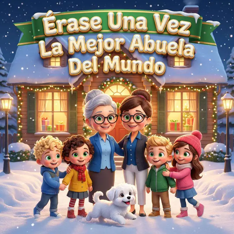 Una abuela y su hija posan en la nieve con cuatro nietos y un perro blanco delante de una casa iluminada por luces de Navidad