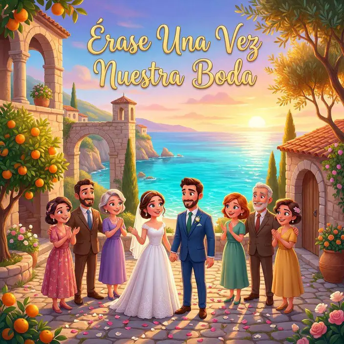 Los novios se dan la mano en un camino empedrado junto al mar Mediterráneo, rodeados de sus familias y de naranjos en flor