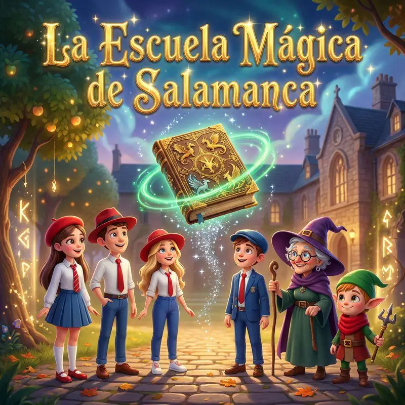 Cuatro alumnos con uniforme y boina roja, una anciana bruja con bastón y un elfo ante un colegio de piedra, con un libro mágico flotando en el cielo