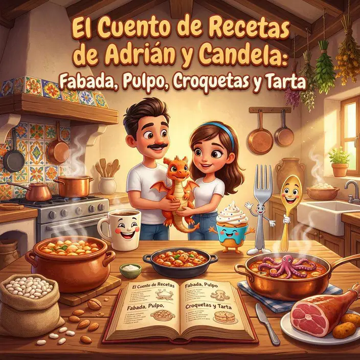 Adrián y Candela en su cocina, con Flami el dragón en brazos, rodeados de fabada, pulpo y un recetario abierto