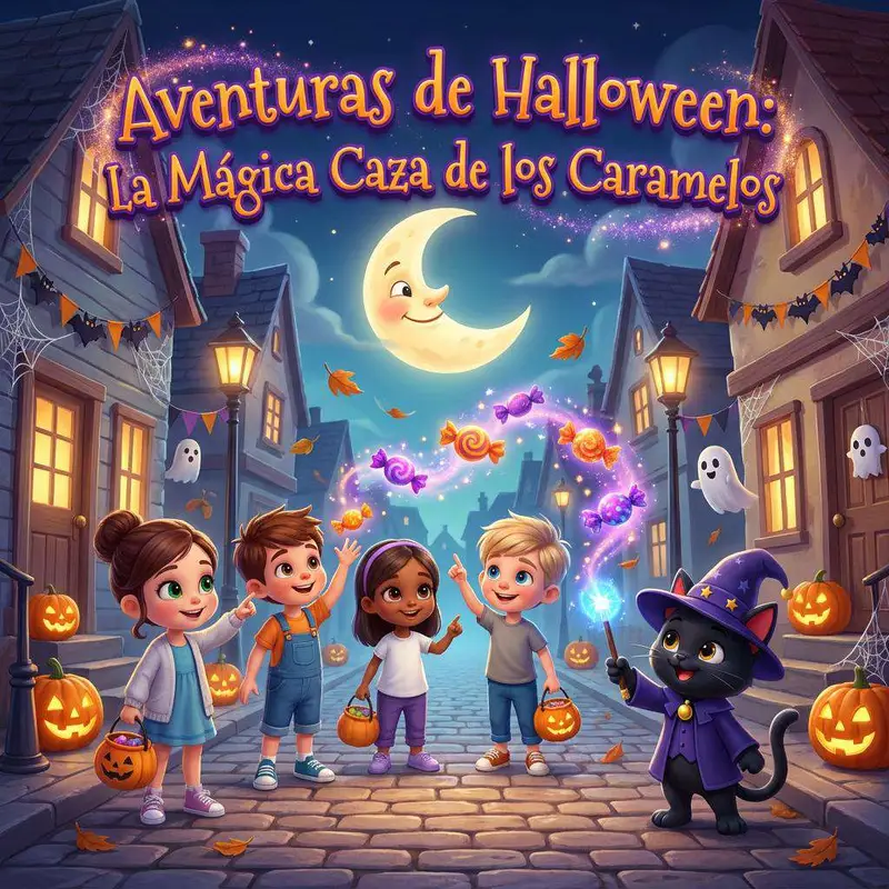 Cinco niños disfrazados recorren una calle decorada con calabazas y fantasmas bajo la luna, acompañados por un gato negro con sombrero de bruja