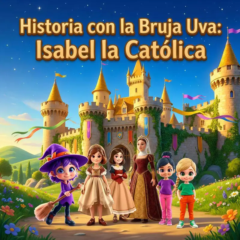 Isabel la Católica con corona y vestido real ante un castillo de piedra, con la brujita Uva a su lado