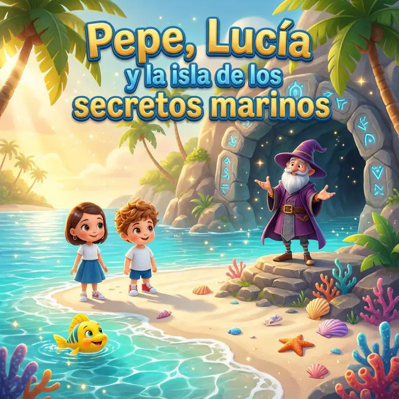 Dos niños en la orilla de una playa tropical junto a un pez amarillo, frente a la entrada de una cueva donde espera un mago de túnica morada