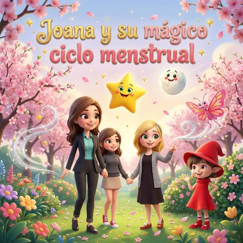 Joana y su madre pasean por un jardín en flor acompañadas de una amiga, una estrella dorada, una luna sonriente, una mariposa rosa y una brujita de capa roja