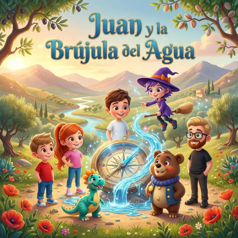 Un niño con una brújula azul junto a un dinosaurio, un oso y una brujita, con el mapa de los ríos de España al fondo