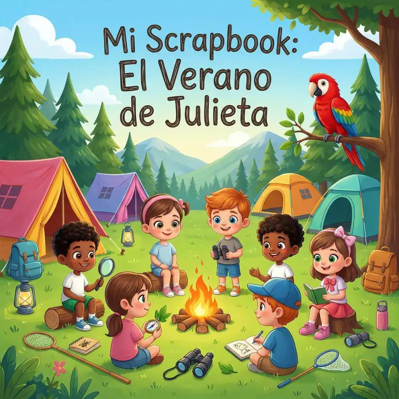 Un grupo de niños alrededor de una hoguera en un campamento con tiendas de colores, lupas y prismáticos, y un loro rojo posado en una rama