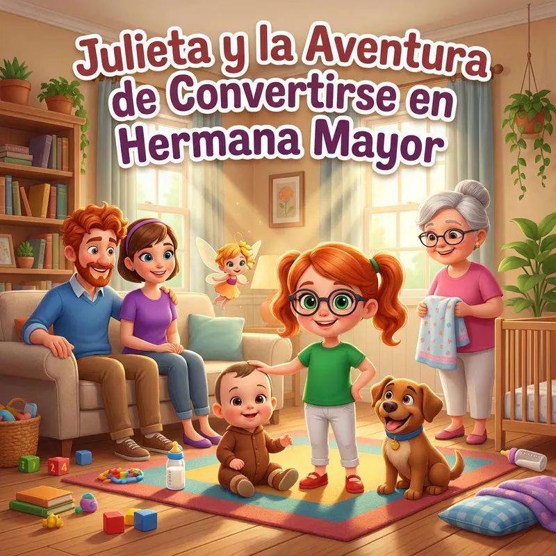 Julieta con su familia en el salón: sus padres en el sofá, el bebé en la alfombra, la abuela, el perro Frosti y el hada Burbuja