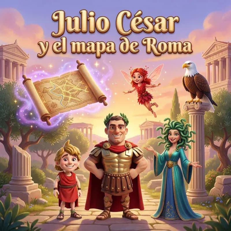 Julio César con coraza y corona de laurel junto a un niño, un mapa flotante, un hada pelirroja, un águila y Fortuna, entre columnas romanas
