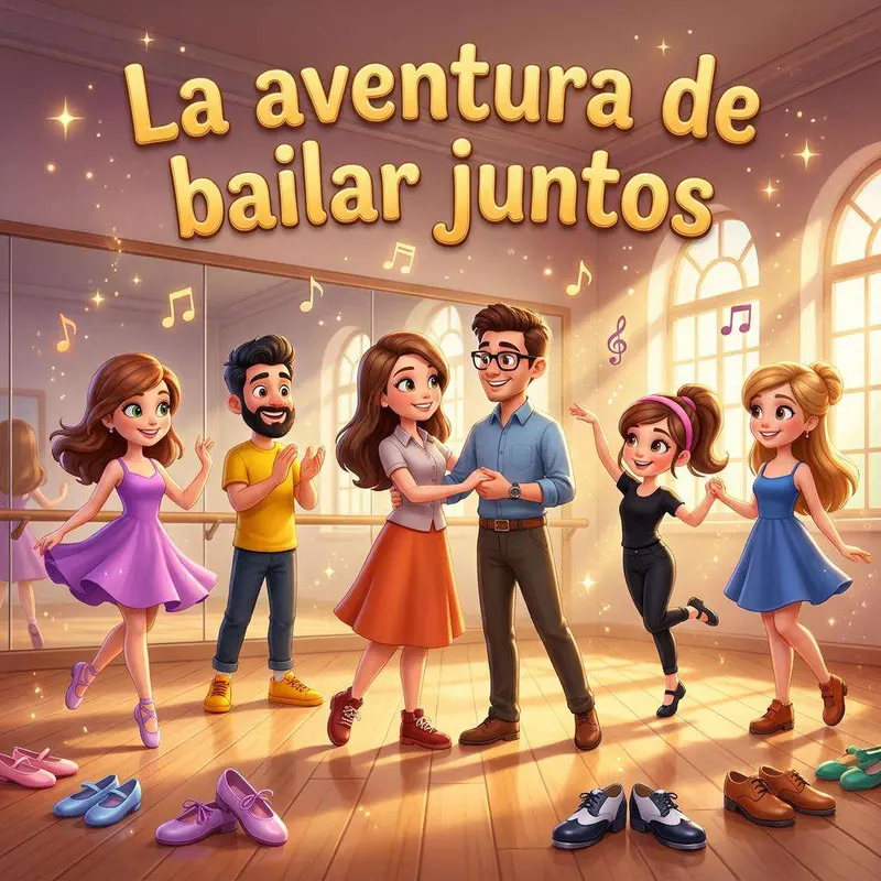 Clara y su grupo de alumnos de baile en el aula de suelo de madera, delante de los espejos