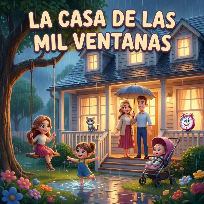 Una casa grande con muchas ventanas iluminadas y la familia de Alma en el jardín, con el gato naranja en primer plano