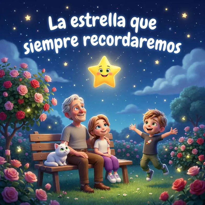 Leo y su madre miran el cielo estrellado desde el jardín mientras la gata blanca Nube los acompaña