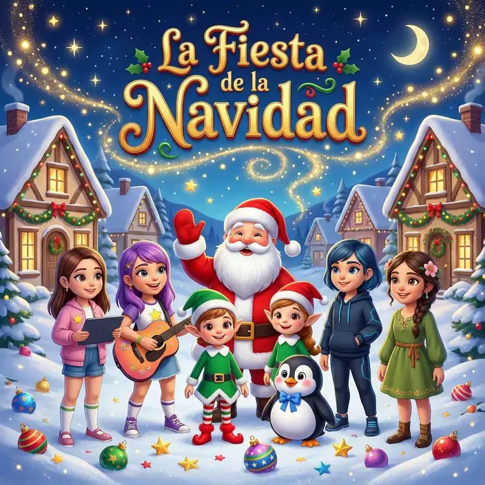 Cuatro amigas con poderes mágicos frente a una casa nevada bajo las luces del cielo en Nochebuena