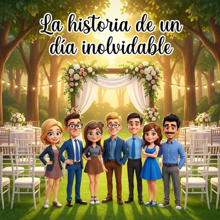 Laura y Álvaro el día de su boda, rodeados de sus amigos a la salida de la iglesia
