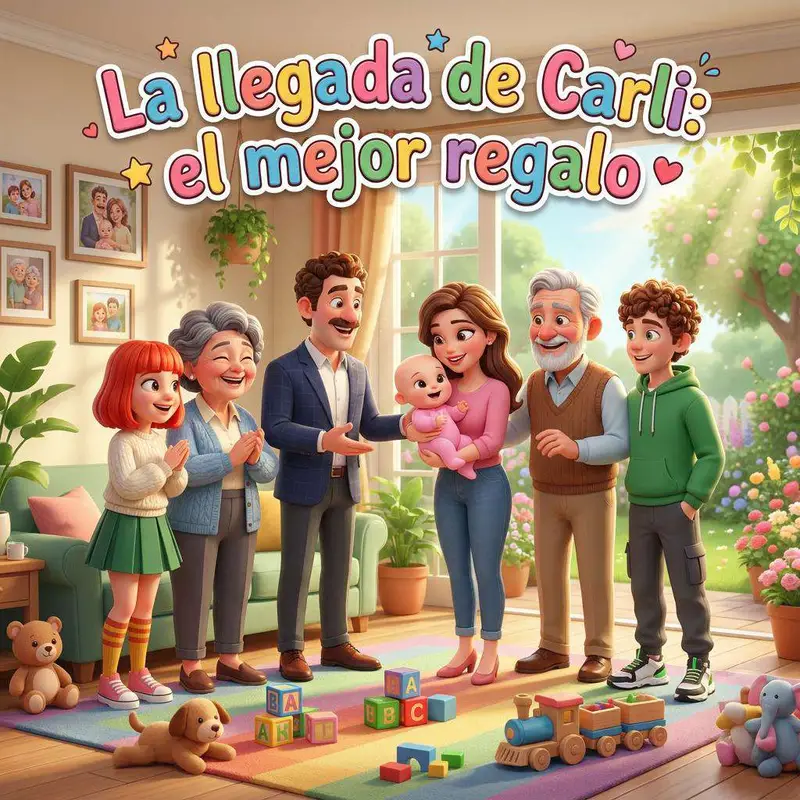 Raúl y Aurora sostienen a la pequeña Carla rodeados de la familia en el salón de casa
