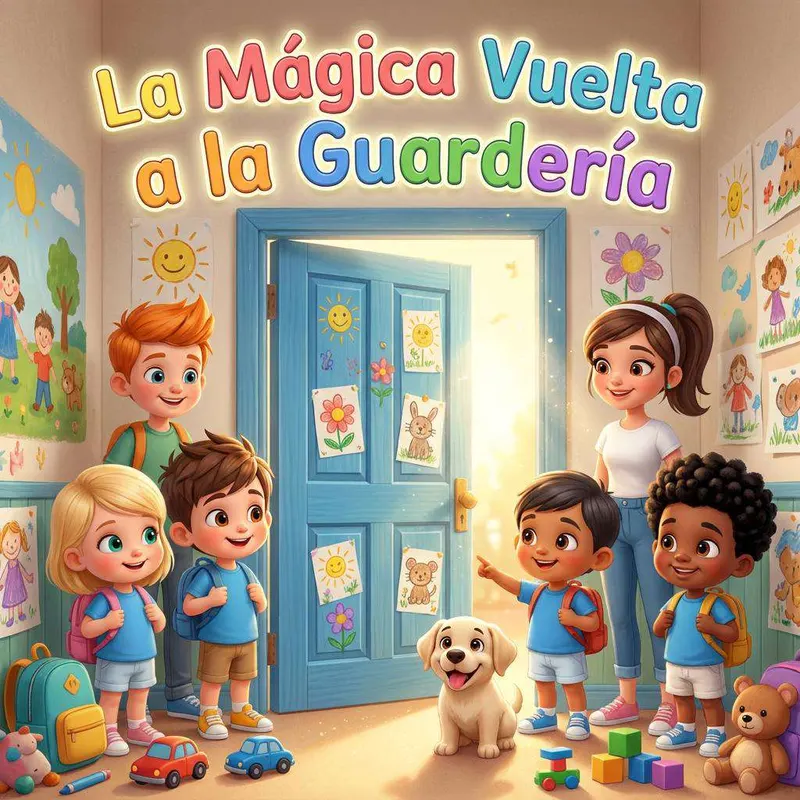 Noa y sus amigos con sus mochilas ante la puerta azul de la Guardería Azulón, con la Señorita Paula y el perrito Lu