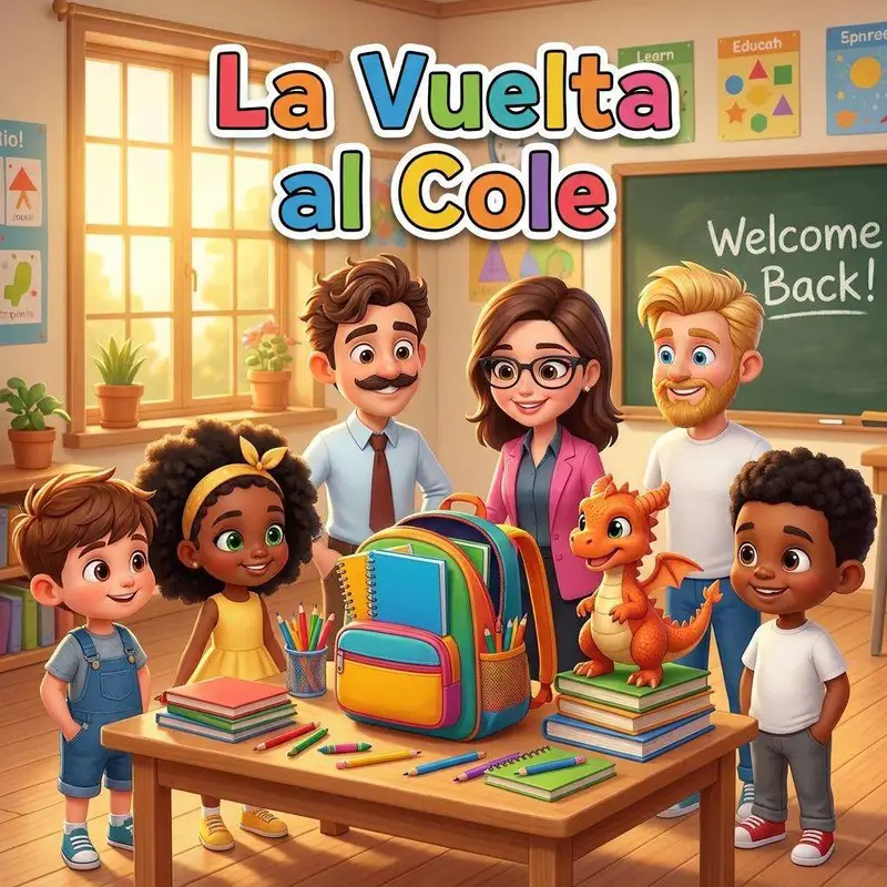 Tom, Marcela y David con sus familias y una mochila nueva en el aula, junto a Flami el dragón