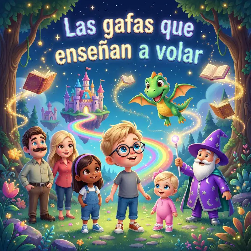 Juan, con sus gafas puestas, aparece rodeado de su familia, un dragón verde y el Mago Crea Cuentos, con libros volando sobre un arcoíris