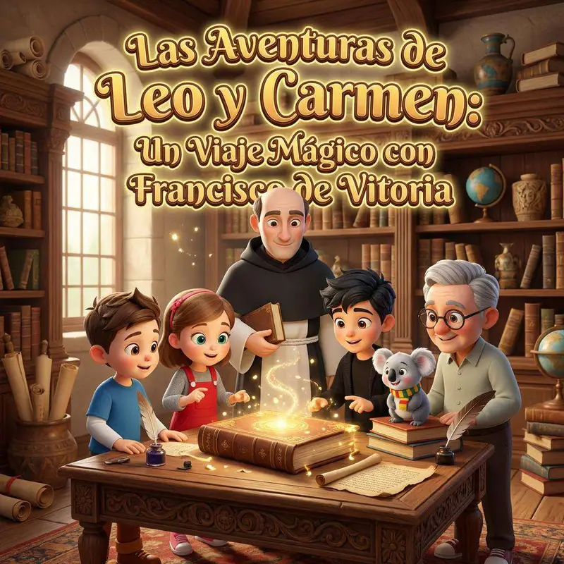 Dos niños con ropas del siglo XVI junto a un koala con capa azul y un fraile dominico en Salamanca