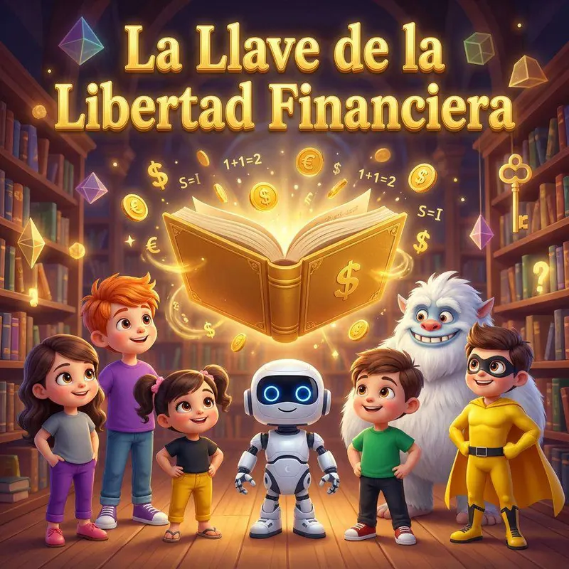 Los cuatro amigos junto al robot Pixel, el yeti Tiranux y el superhéroe Lingon, ante un libro dorado del que salen monedas y símbolos de moneda