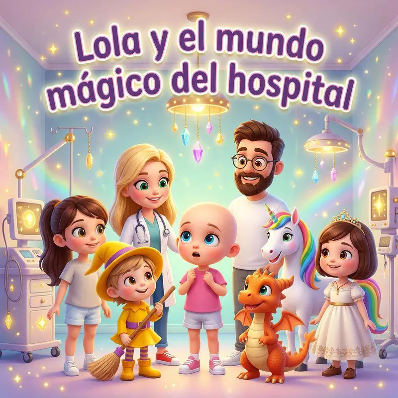 Una niña sin pelo en la cama de un hospital rodeada de criaturas mágicas: un dragón, un unicornio y una princesa