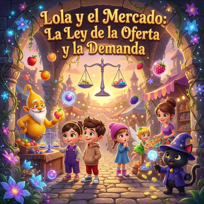 Lola y sus amigos en un mercado mágico de frutas junto a Zafir el genio, Olivia la ninfa y Binx el gato-mago, bajo una gran balanza dorada