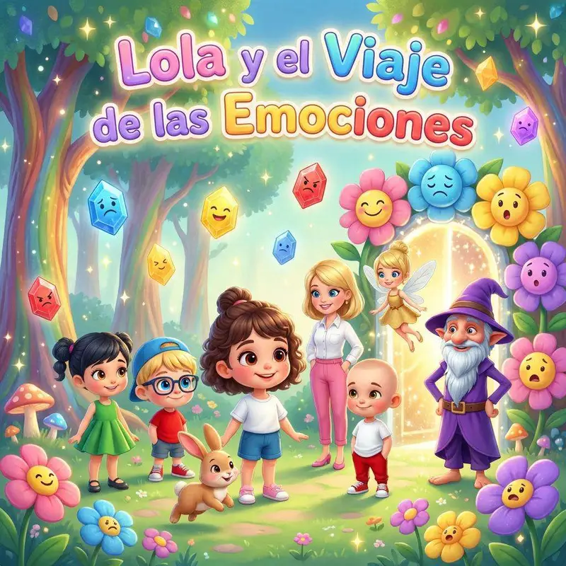 Lola y sus amigos en un bosque encantado rodeados de flores con caras y gemas de colores, junto a un hada y un mago de túnica morada