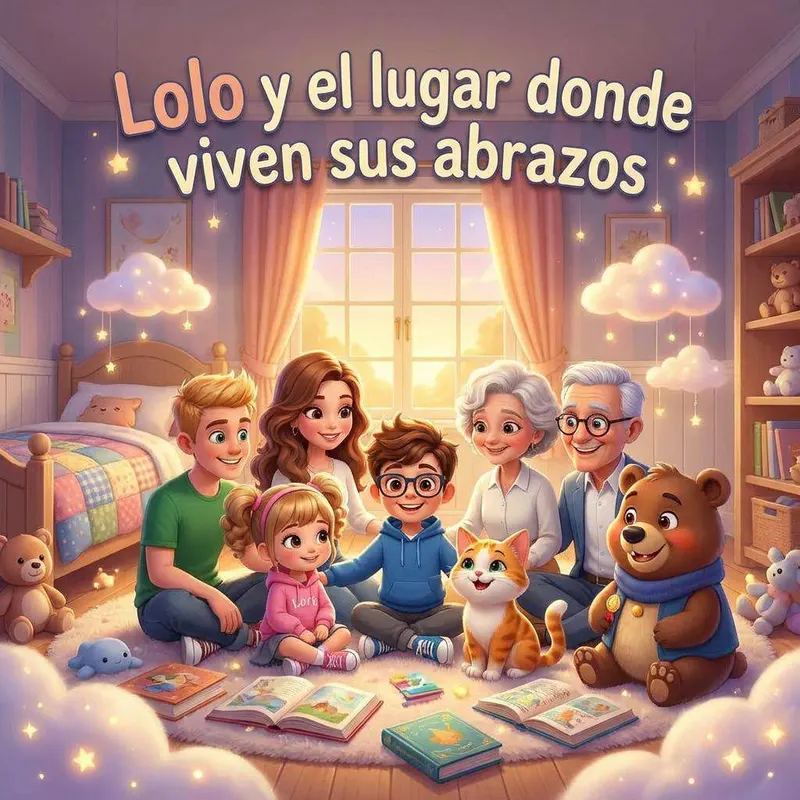 Una familia sentada en el suelo de una habitación con cuentos abiertos alrededor, acompañada de un gato naranja y un oso de peluche con bufanda