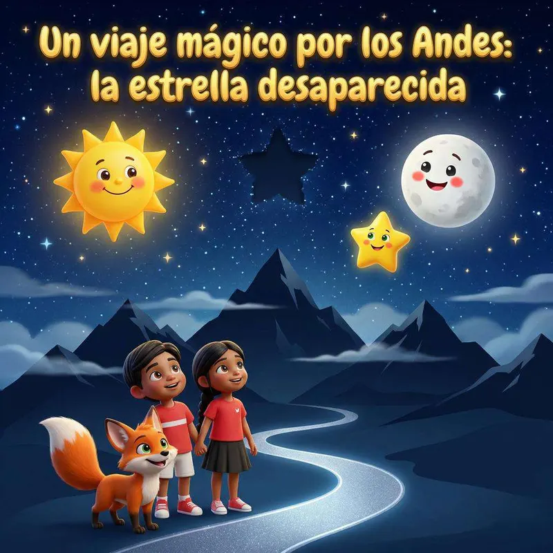 Dos niños y un zorro naranja miran el cielo nocturno de los Andes, donde un sol, una luna y una estrella sonrientes flotan sobre las montañas