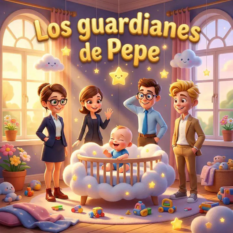 Dos parejas rodean la cuna de un bebé que ríe de pie agarrado a los barrotes, en una habitación con nubes, estrellas colgantes y juguetes por el suelo