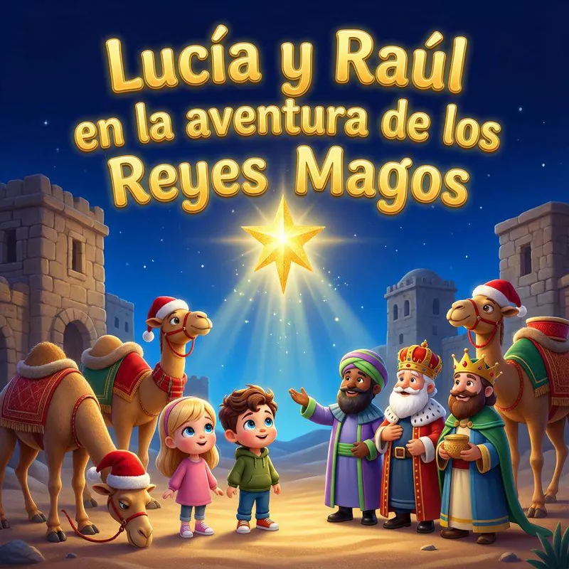Dos hermanos conversan con Melchor, Gaspar y Baltasar junto a sus camellos, bajo la estrella de Oriente y las murallas de Belén