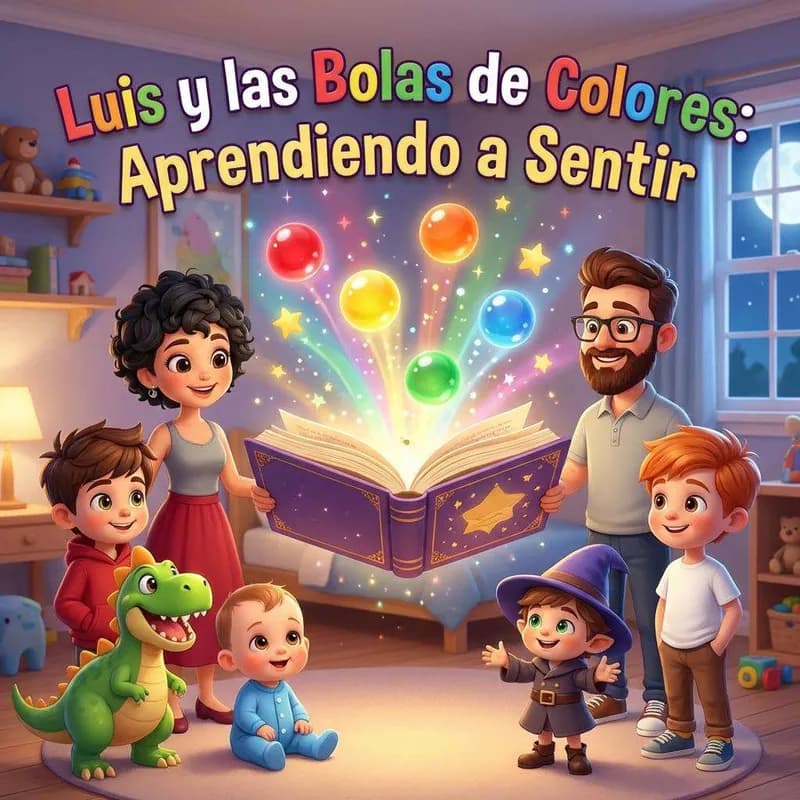 Luis rodeado de bolas de colores flotantes junto a Guni, un dinosaurio verde, y Blas, un mago diminuto