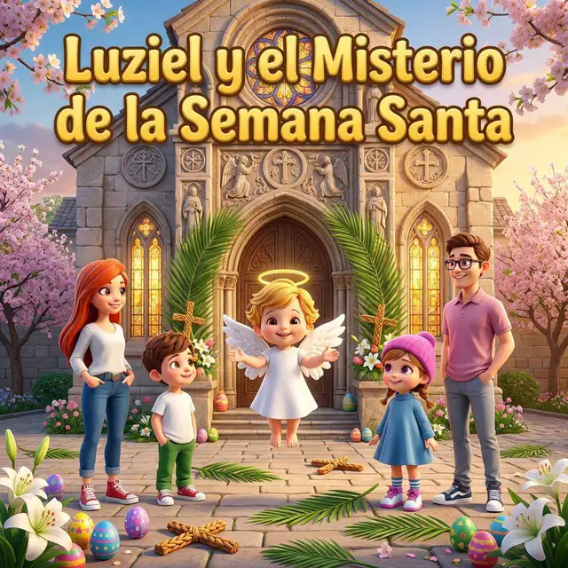 Un ángel pequeño con aureola dorada acompaña a dos hermanos por una calle antigua durante la Semana Santa