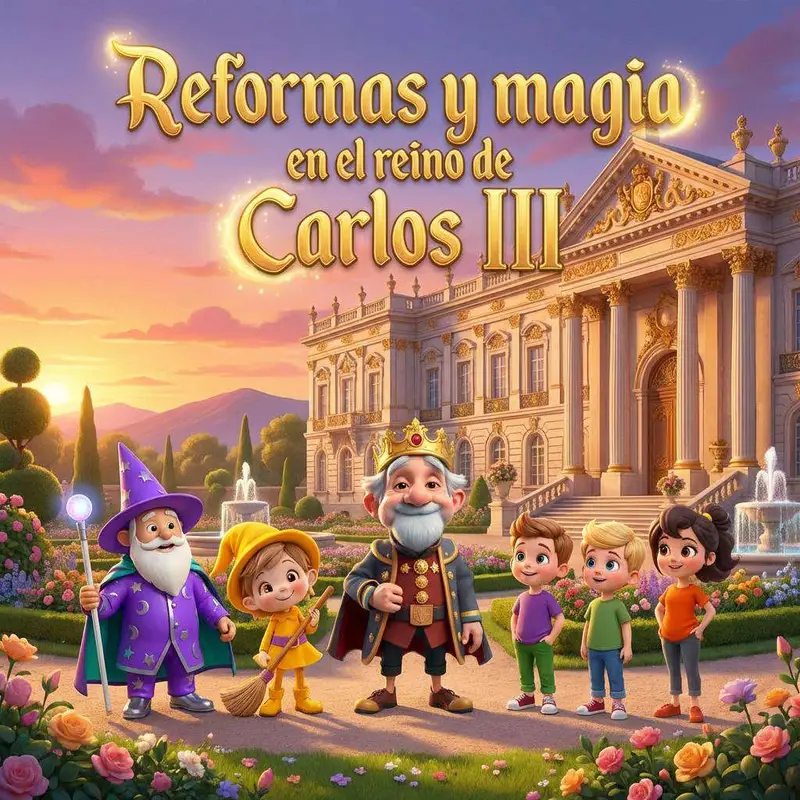 El Mago Crea Cuentos, la bruja Chispa, Carlos III y tres niños ante la fachada de un palacio del siglo XVIII al atardecer