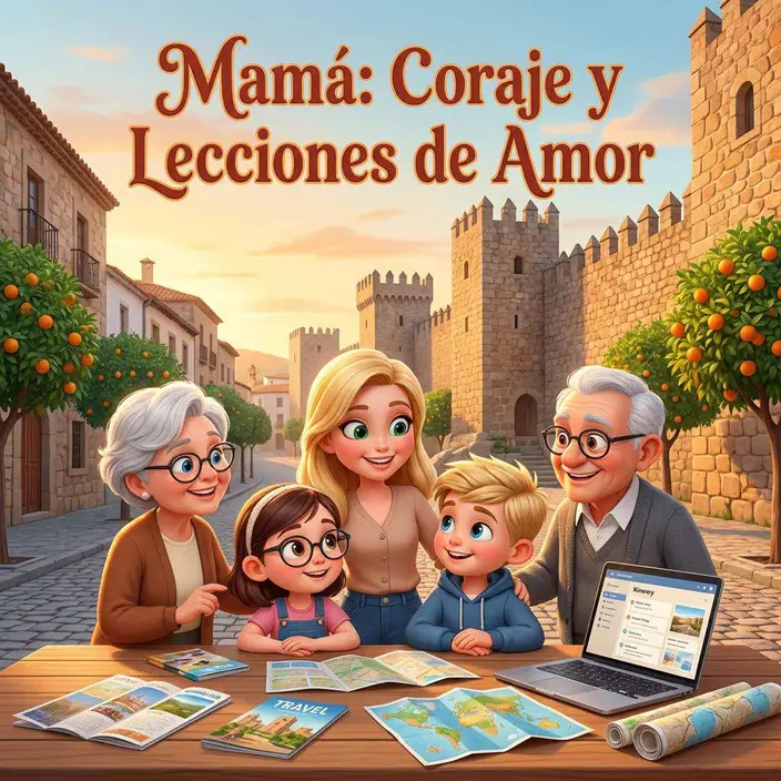 Una madre con sus dos hijos y los abuelos alrededor de una mesa con mapas y folletos, junto a la muralla de Cáceres al atardecer