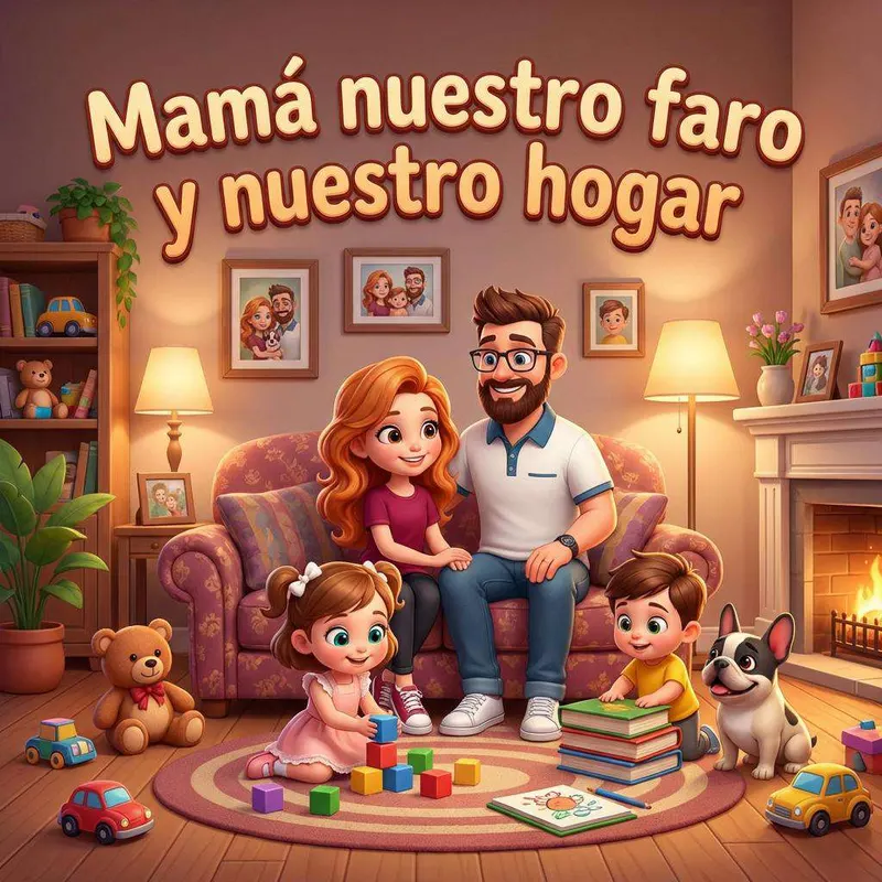 La familia al completo en el salón: los padres en el sofá, los dos hijos jugando en la alfombra y el perro junto a la chimenea