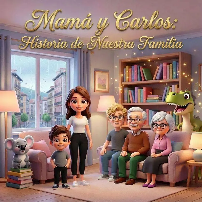 Carlos y su madre en el salón junto a los abuelos y el tío, con un koala y un dinosaurio de peluche entre las estanterías de libros