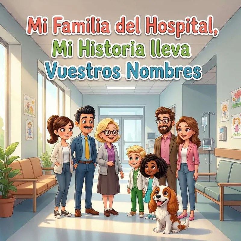 Un grupo de personas y dos sanitarios posan sonrientes en el pasillo luminoso de un hospital, acompañados de un perro