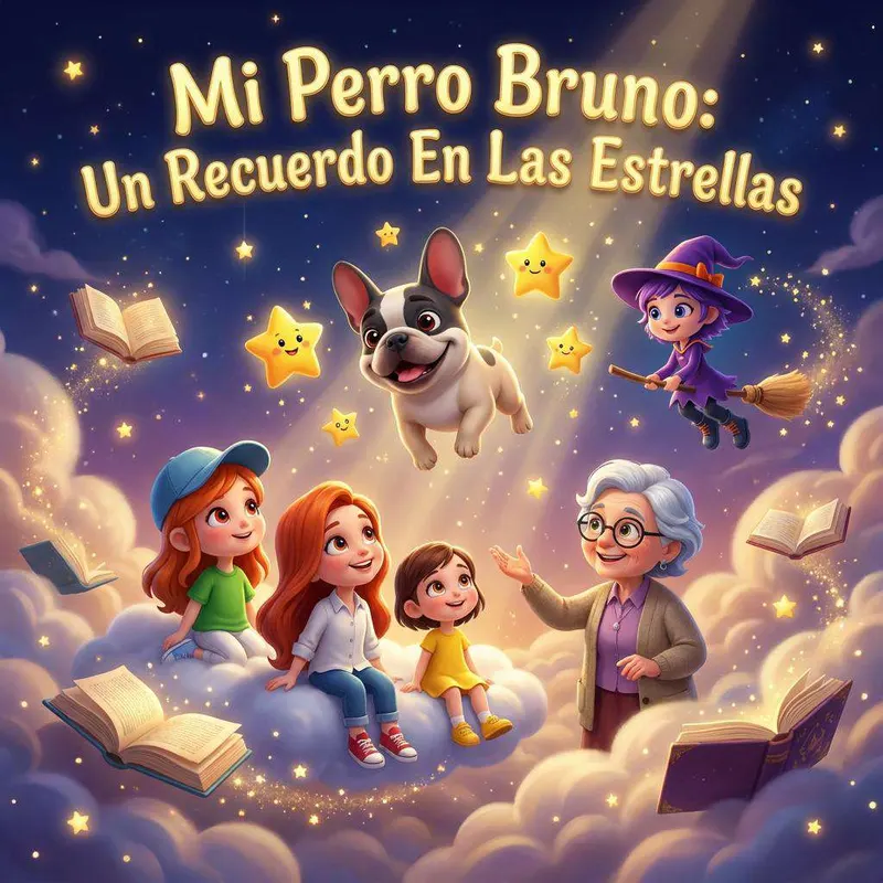 Lola, su madre, su amiga Marcela y la abuela Pepa sobre una nube, con Bruno y la brujita Uva entre las estrellas